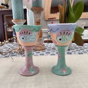 Susan Painter Pottery 2 Pc Handmade Wine Goblets Signed Handpainted “Beachware”